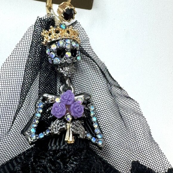 Betsey Johnson Bridal Skeleton Earrings With Moon & Bat Dangle - Picture 1 of 7